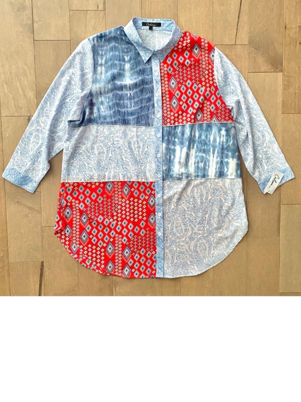 Calessa Nwt Comfort Patchwork Print Point Collar Long Sleeve Button Front 1X
